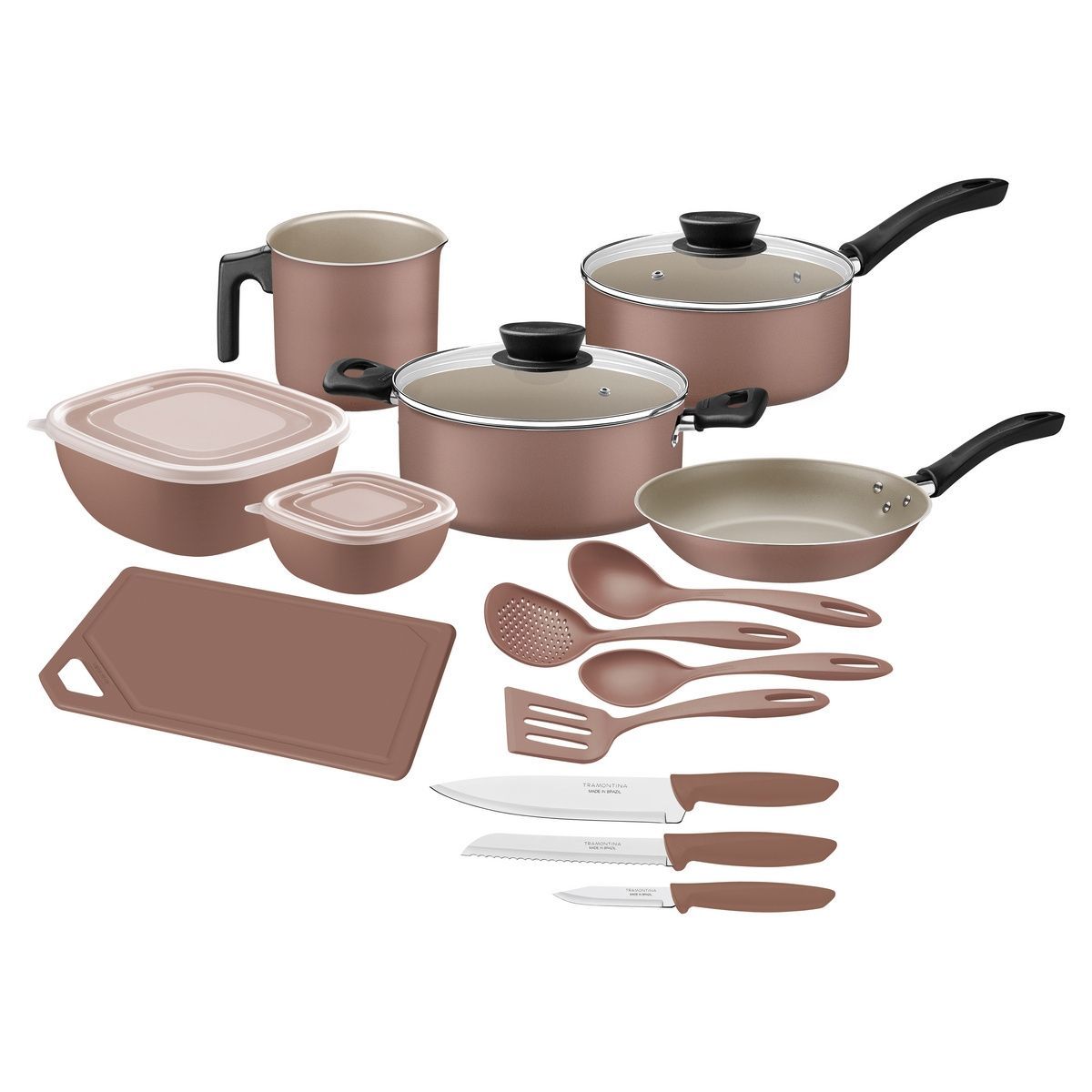 Kit Cozinha Tramontina em Alum&iacute;nio com Revestimento Interno e Externo em Antiaderente Starflon Max Mocaccino 14 Pe&ccedil;as