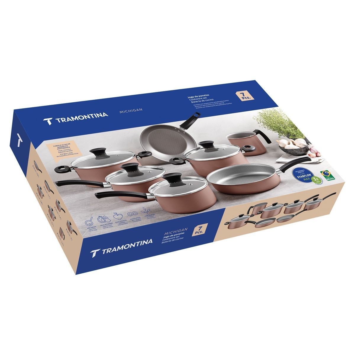 Jogo de Panelas Tramontina Michigan em Alum&iacute;nio com Revestimento Interno e Externo Antiaderente Starflon Max com Cabos e Al&ccedil;as Siena Natural 7 Pe&ccedil;as 