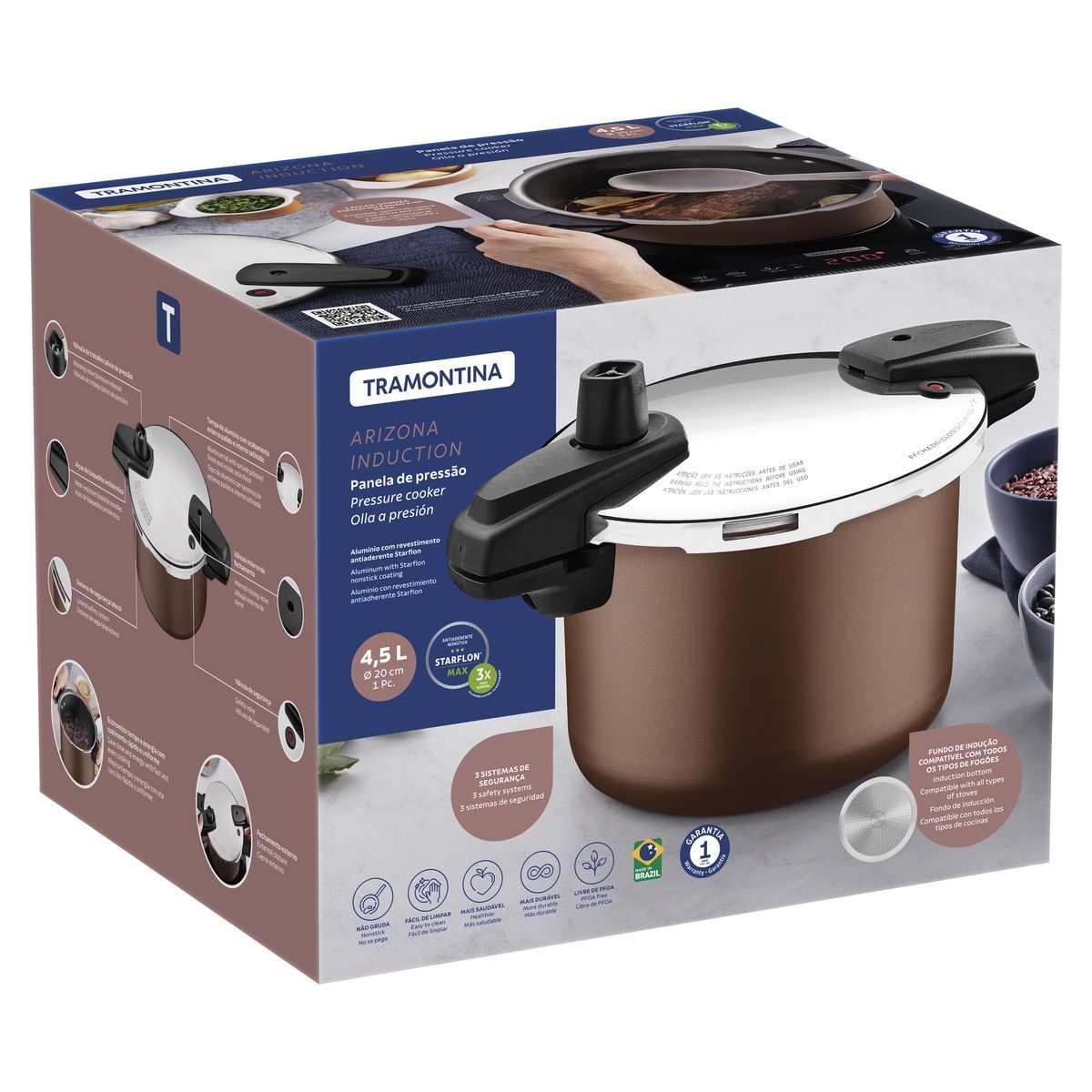 Panela de Press&atilde;o Tramontina Arizona Induction em Alum&iacute;nio com Revestimento Interno e Externo em Antiaderente Starflon Max Mocaccino 20 cm 4,5 L