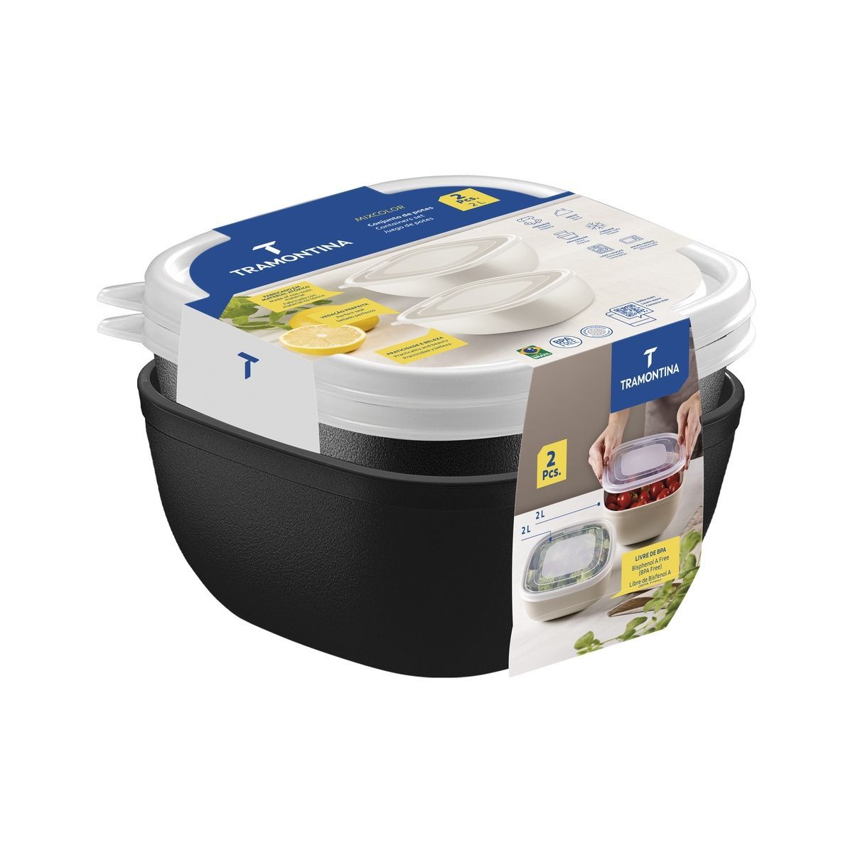 Jogo de Potes Tramontina MixColor em Polipropileno Preto com Tampa Transparente 2L2 Pe&ccedil;as