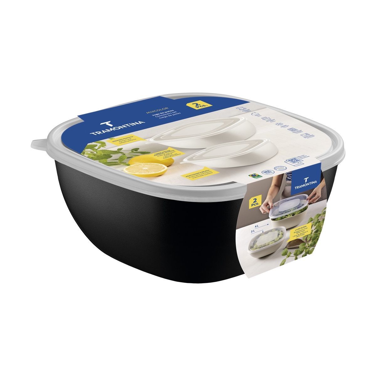 Jogo de Potes Tramontina MixColor em Polipropileno Preto com Tampa Transparente 2 Pe&ccedil;as