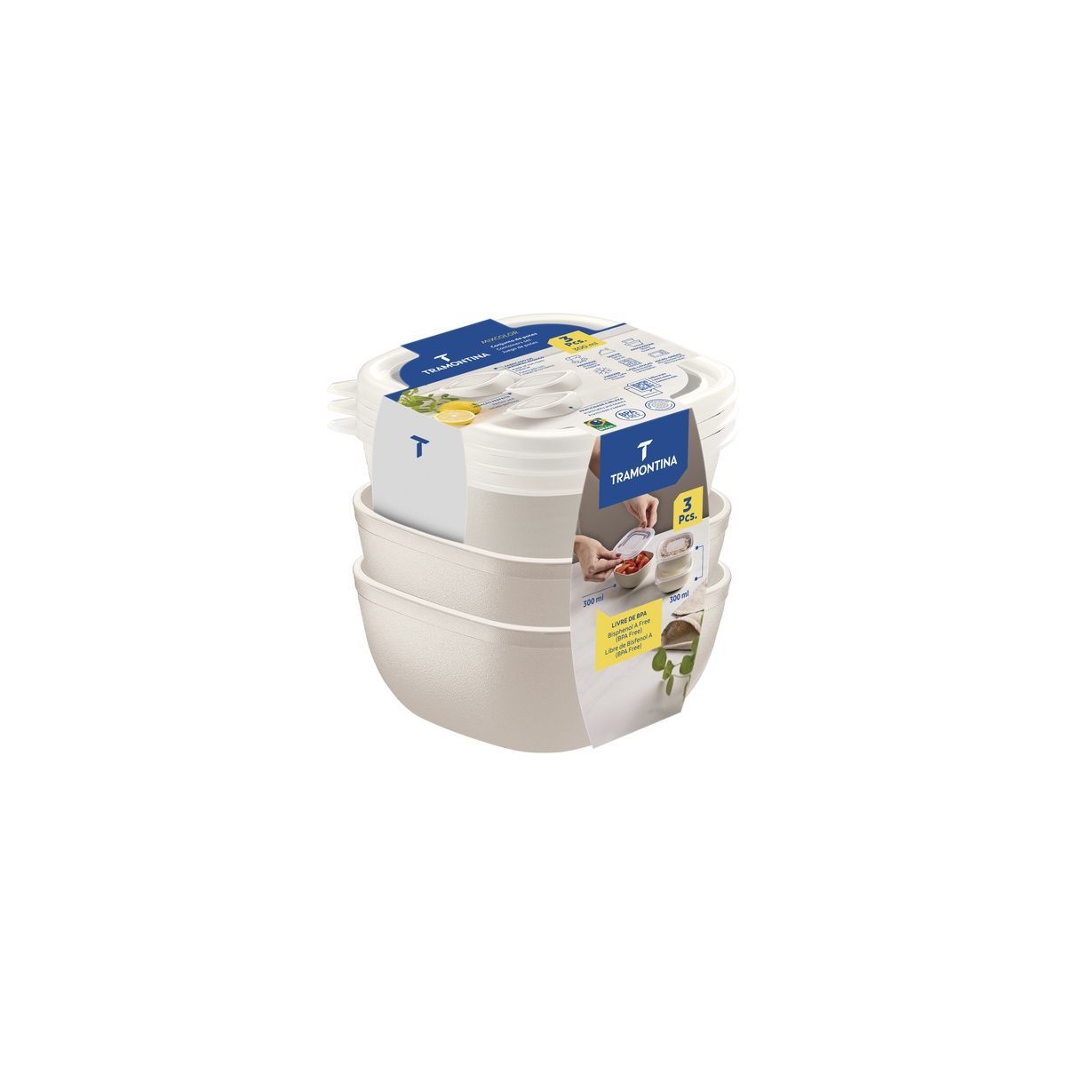 Jogo de Potes Tramontina MixColor em Polipropileno Algod&atilde;o com Tampa Transparente 300 ml 3 Pe&ccedil;as