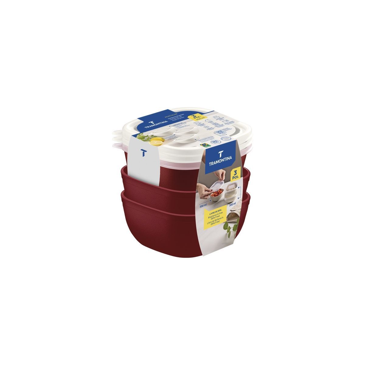 Jogo de Potes Tramontina MixColor em Polipropileno Vermelho com Tampa Transparente 300 ml 3 Pe&ccedil;as