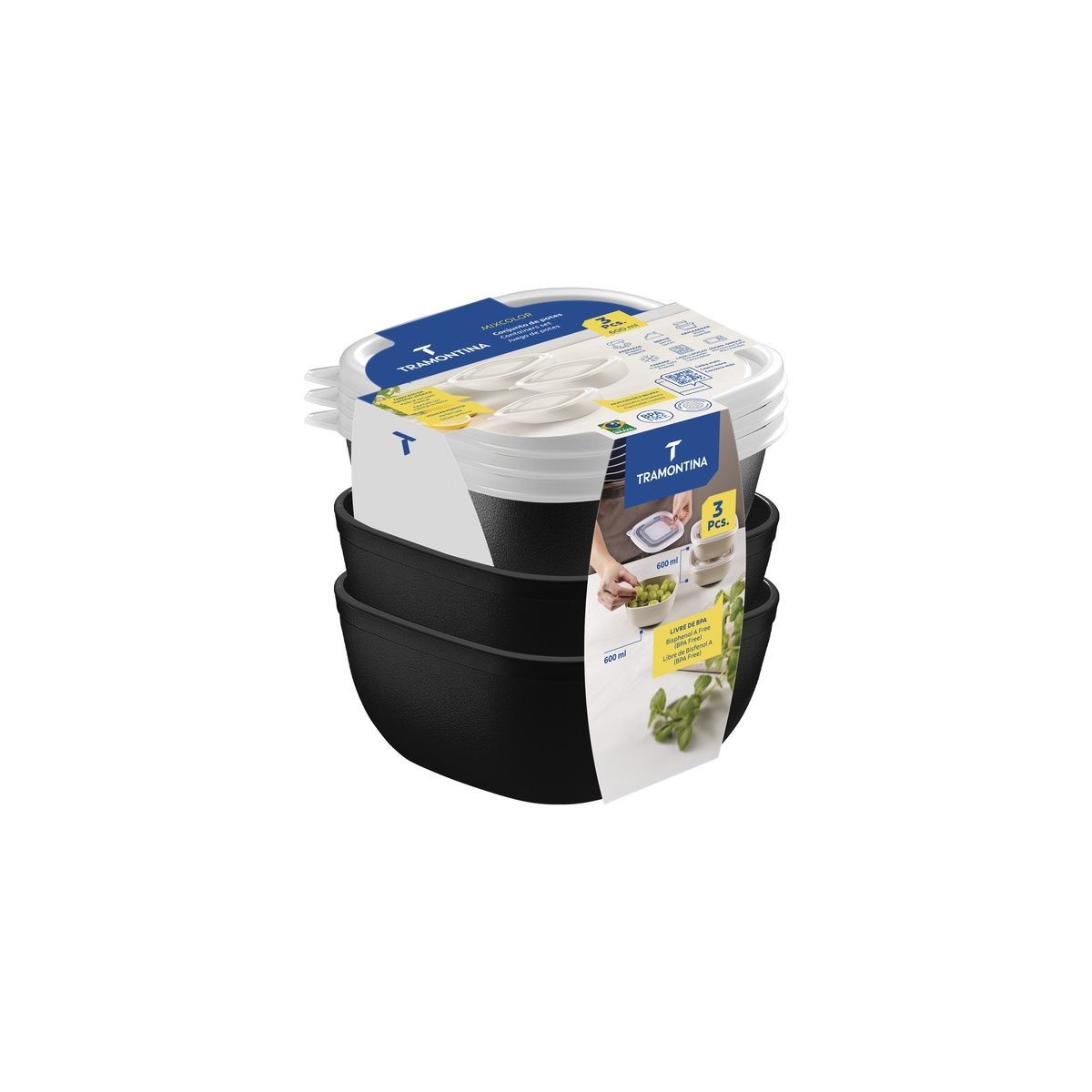 Jogo de Potes Tramontina MixColor em Polipropileno Preto com Tampa Transparente 600 ml 3 Pe&ccedil;as