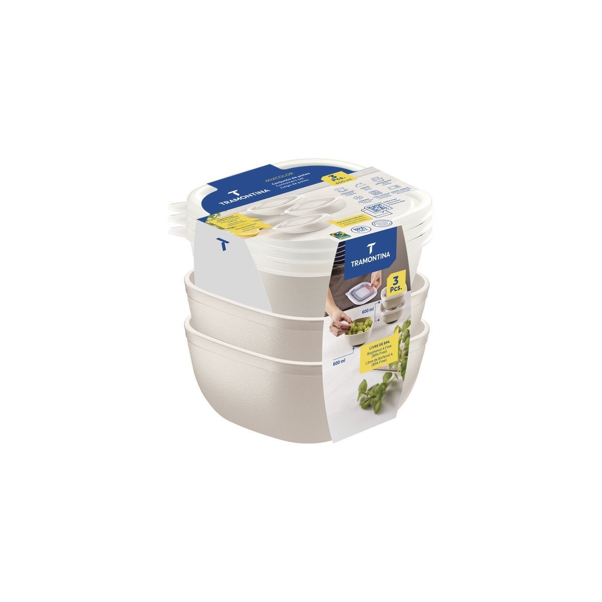 Jogo de Potes Tramontina MixColor em Polipropileno Algod&atilde;o com Tampa Transparente 600 ml 3 Pe&ccedil;as