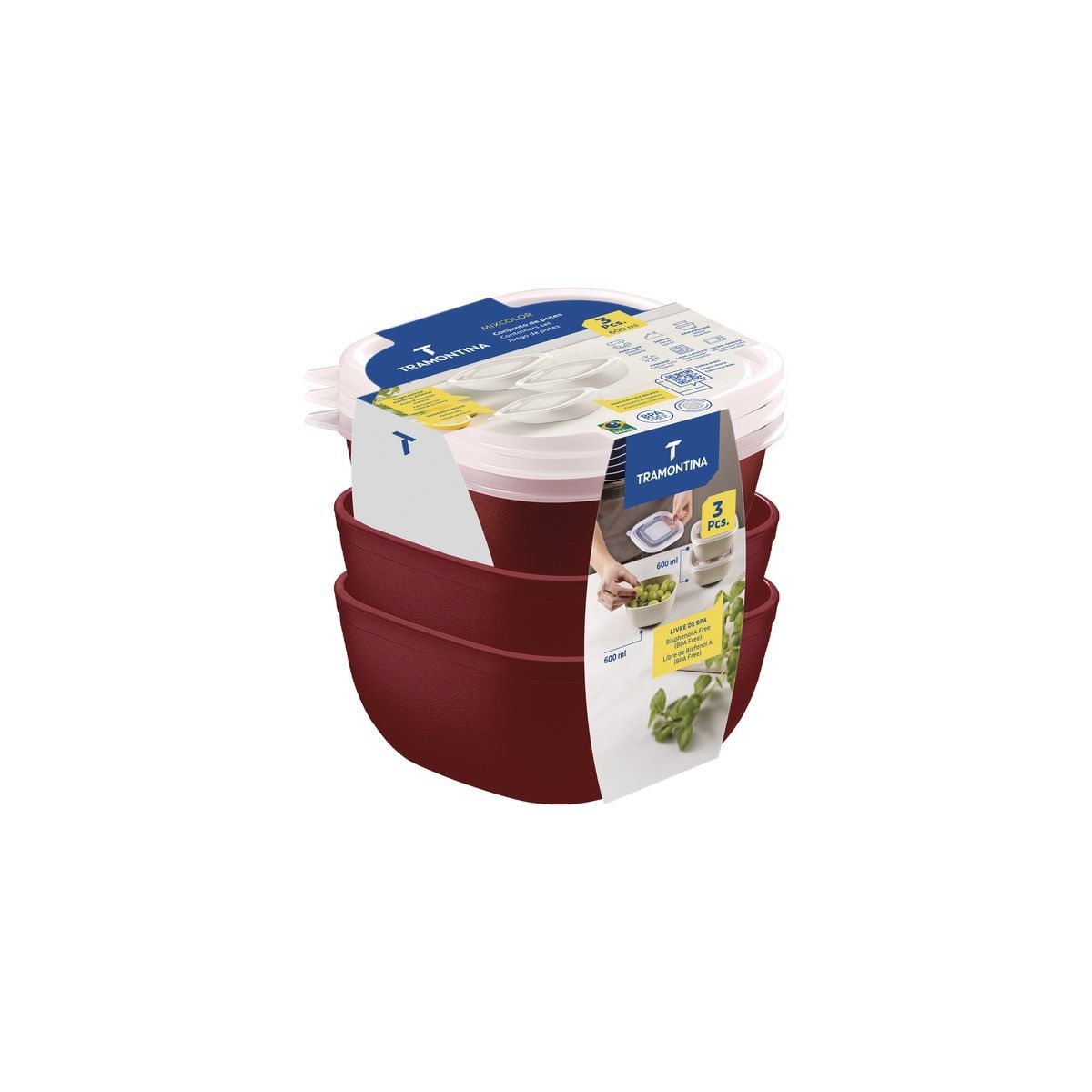 Jogo de Potes Tramontina MixColor em Polipropileno Vermelho com Tampa Transparente 600 ml 3 Pe&ccedil;as