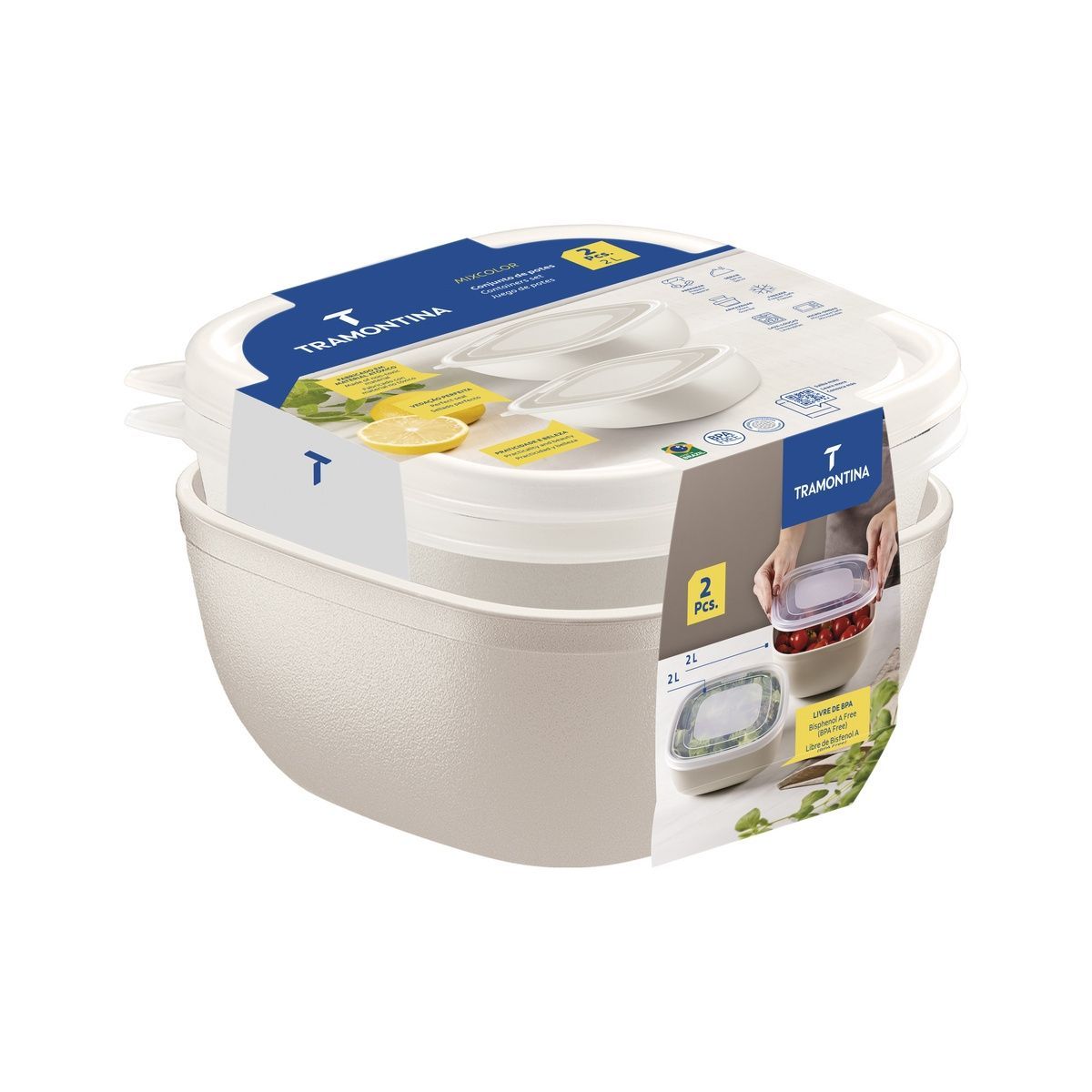 Jogo de Potes Tramontina MixColor em Polipropileno Algod&atilde;o com Tampa Transparente 2L 2 Pe&ccedil;as