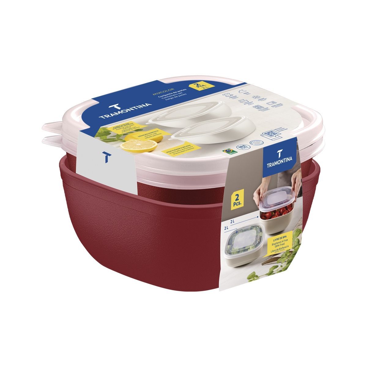 Jogo de Potes Tramontina MixColor em Polipropileno Vermelho com Tampa Transparente 2L 2 Pe&ccedil;as