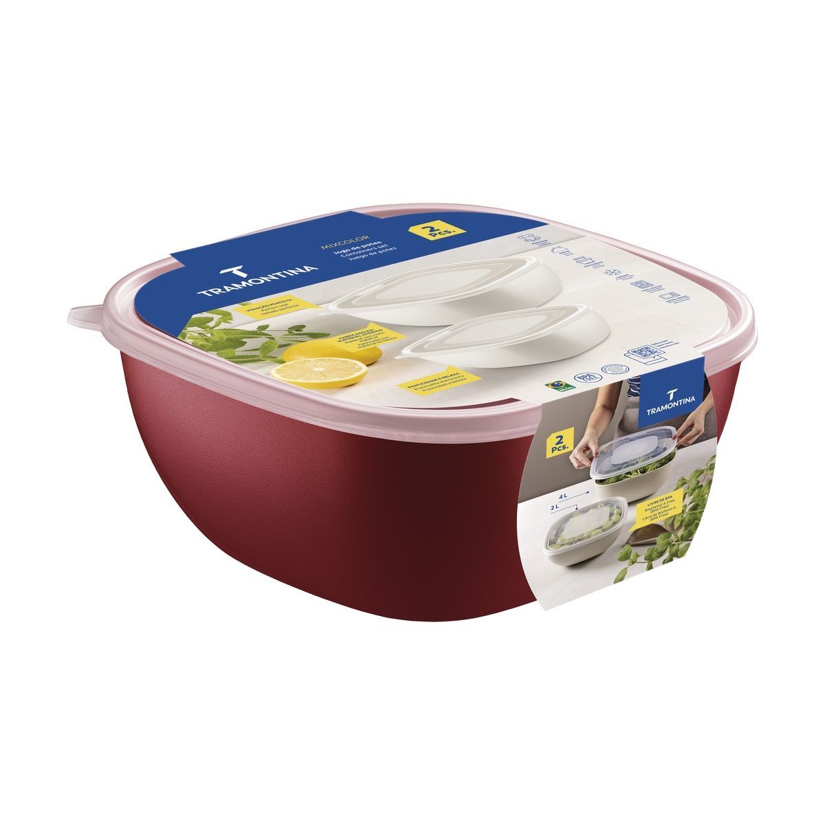 Jogo de Potes Tramontina MixColor em Polipropileno Vermelho com Tampa Transparente 2 Pe&ccedil;as
