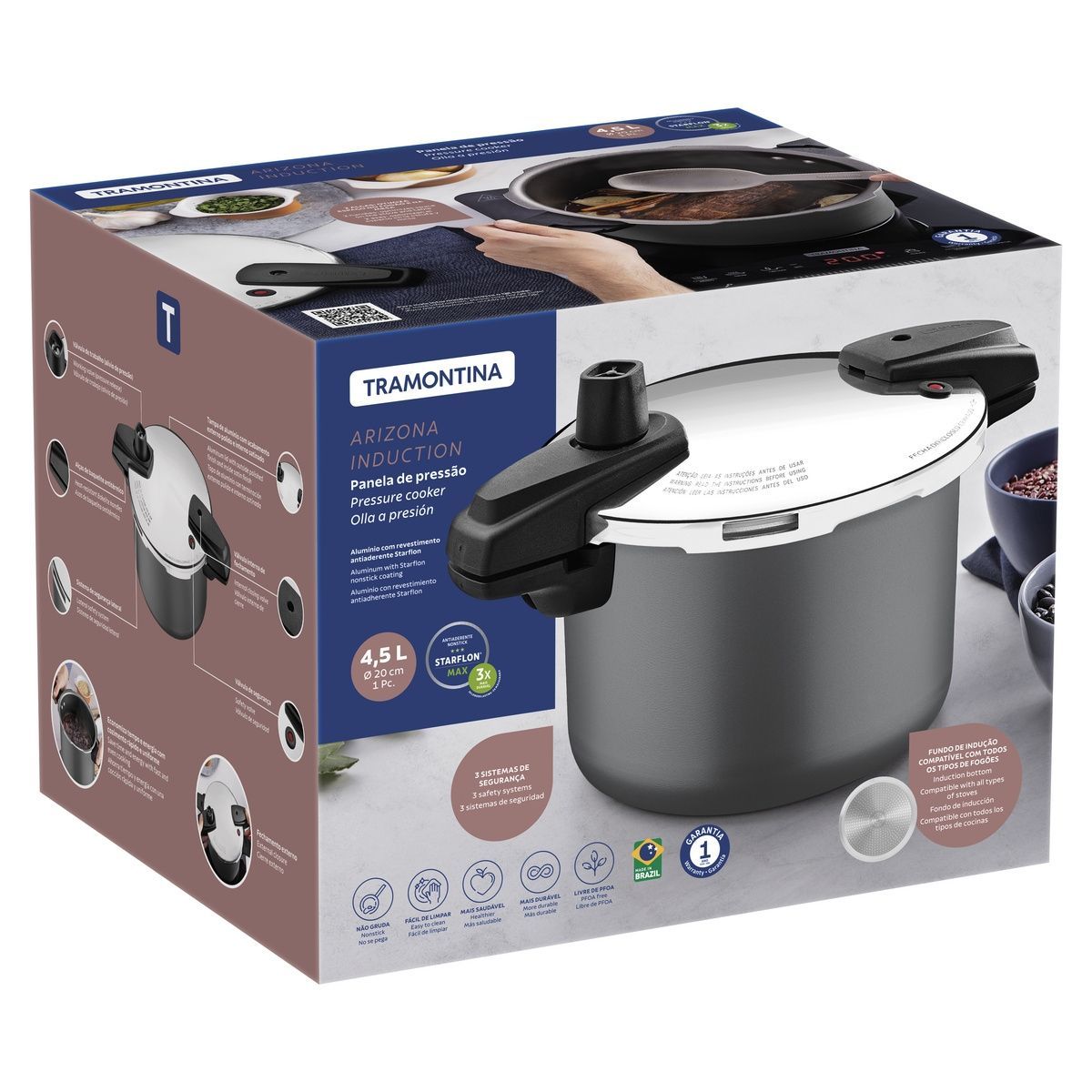 Panela de Press&atilde;o Tramontina Arizona Induction em Alum&iacute;nio com Revestimento Interno e Externo em Antiaderente Starflon Max Tit&acirc;nio 20 cm 4,5 L