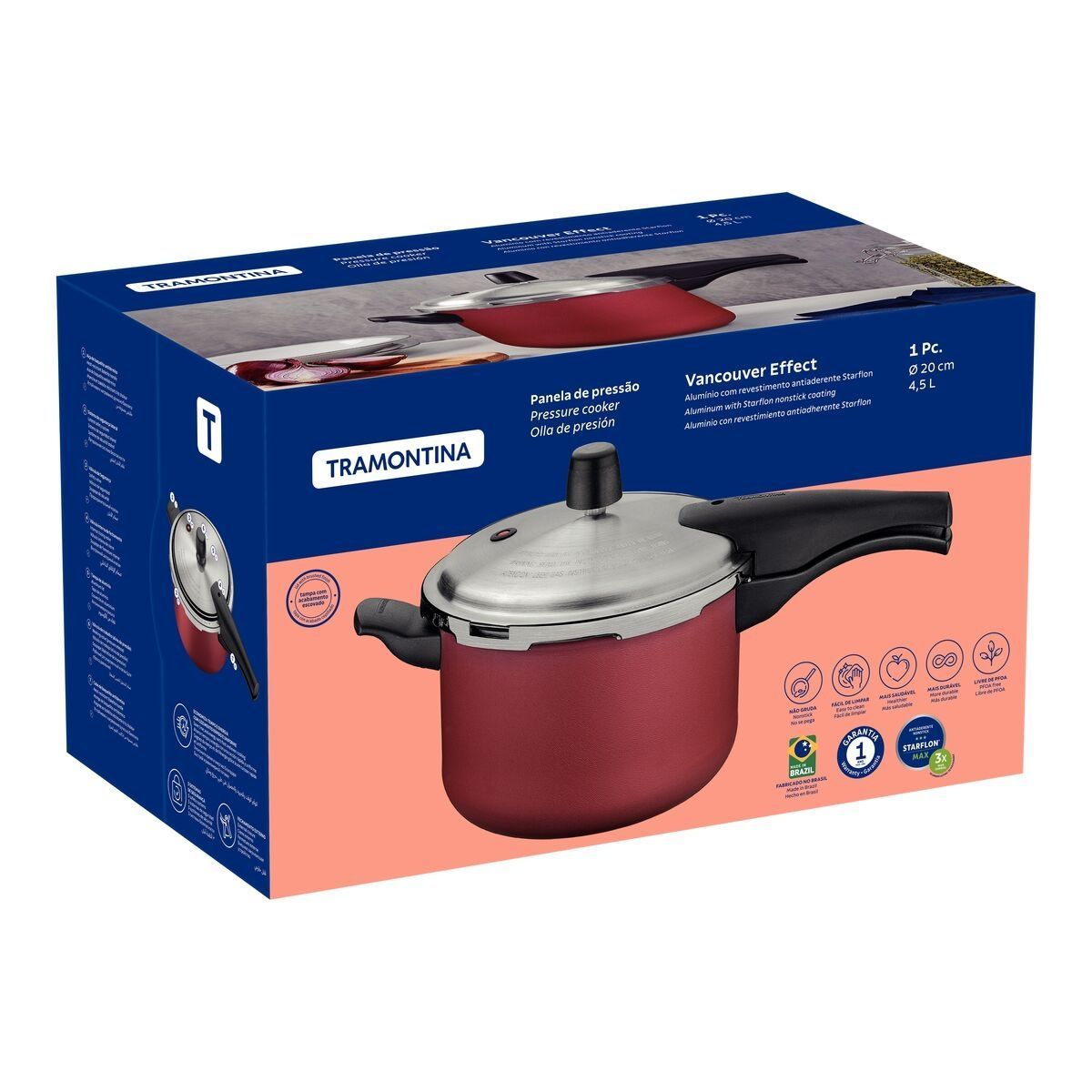 Panela de Press&atilde;o Tramontina Vancouver Effect em Alum&iacute;nio com Revestimento Interno e Externo em Antiaderente Starflon Max Vermelho 20 cm 4,5 L