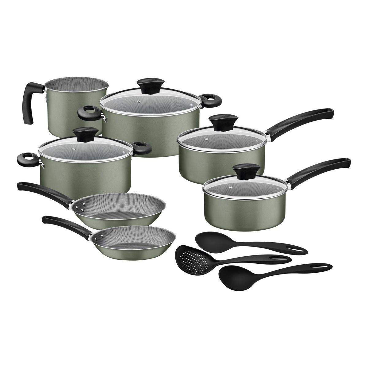 Kit Cozinha Tramontina Michigan em Alum&iacute;nio com Revestimento Interno e Externo em Antiaderente Starflon Max Verde Oliva 10 Pe&ccedil;as