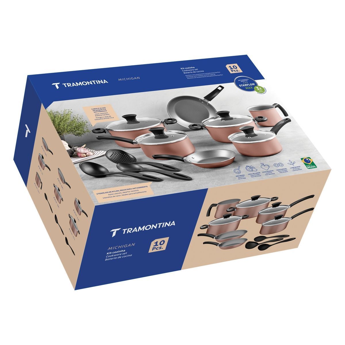 Kit Cozinha Tramontina Michigan em Alum&iacute;nio com Revestimento Interno e Externo em Antiaderente Starflon Max Siena Natural 10 Pe&ccedil;as
