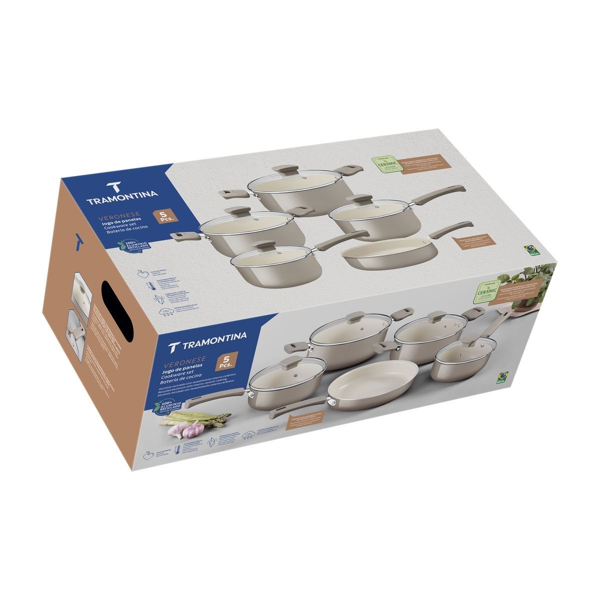 Jogo de Panelas Tramontina Veronese em Alum&iacute;nio Reciclado com Revestimento Interno Cer&acirc;mico e Externo Siliconado Bege 5 Pe&ccedil;as