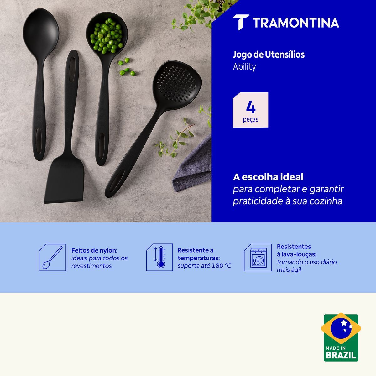 Jogo de Utens&iacute;lios Tramontina Ability em Nylon Preto 4 Pe&ccedil;as